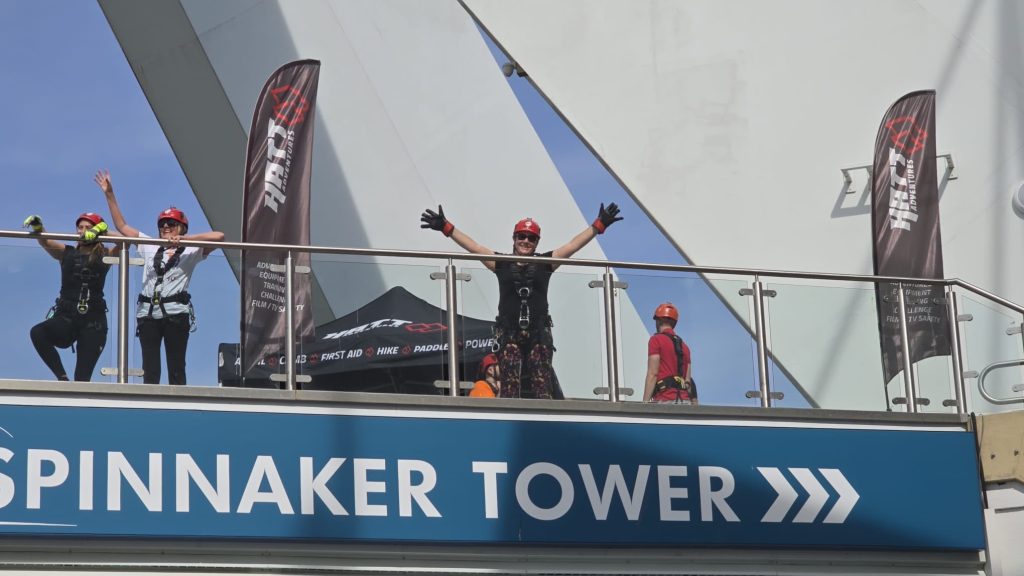 Philippa at the bottom of the Spinnaker Tower having completed her abseil